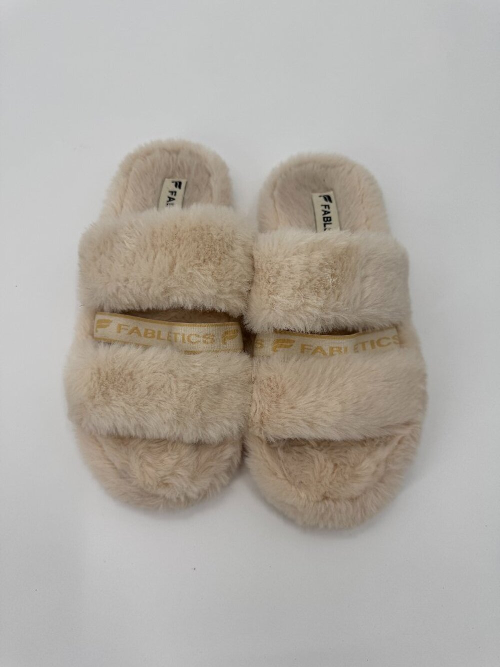 Fabletics Faux Fur Slide Slippers Womens Size 8 Cream Fluffy Double Strap Shoes